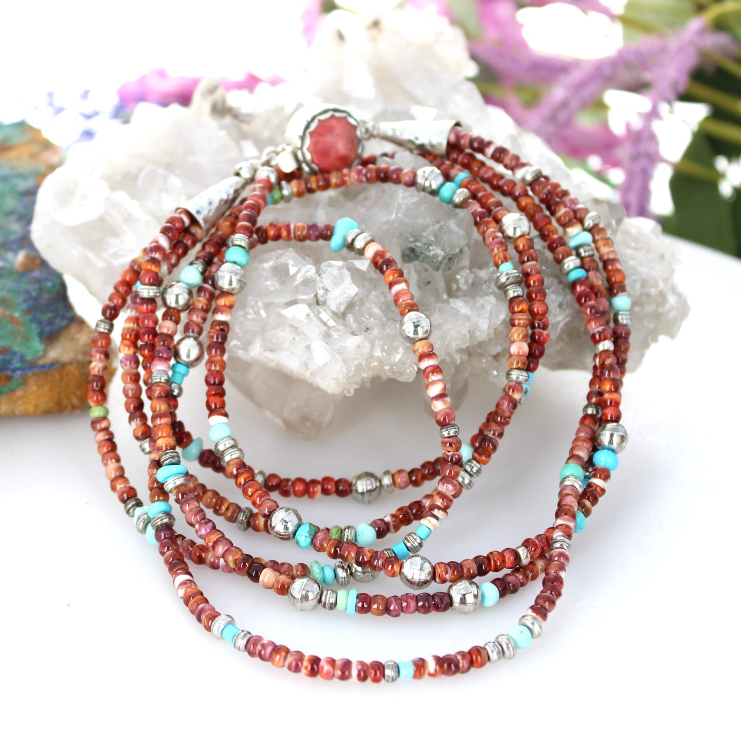Red P{urple Spiny Oyster Turquoise Southwestern Necklace 3 Strand