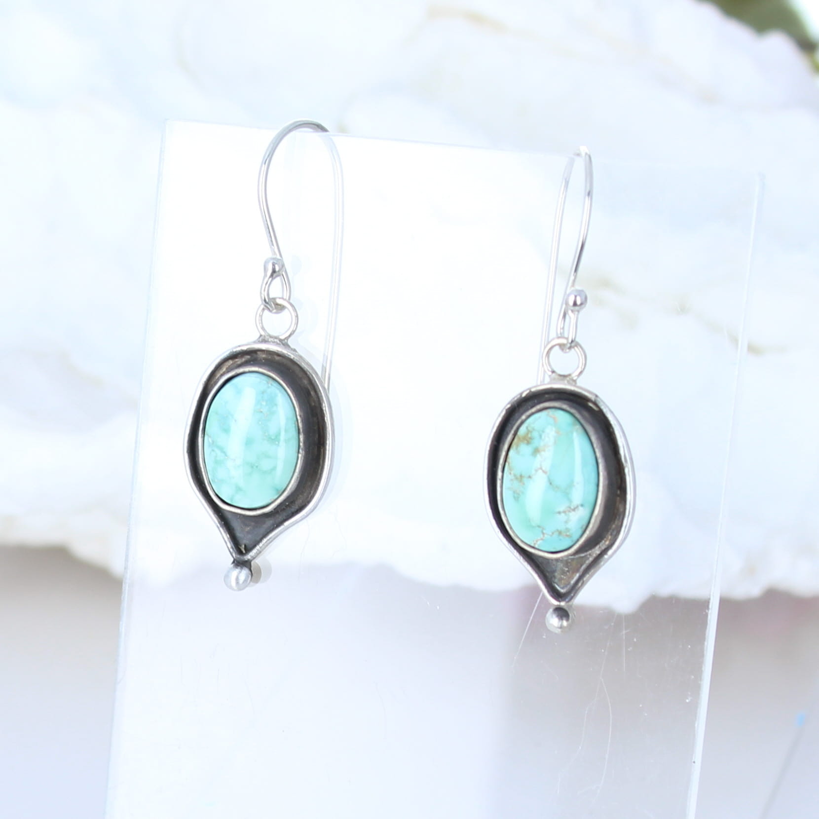 Ethereal Carico Lake Turquoise Earrings Sterling Oval Drops -NewWorldGems