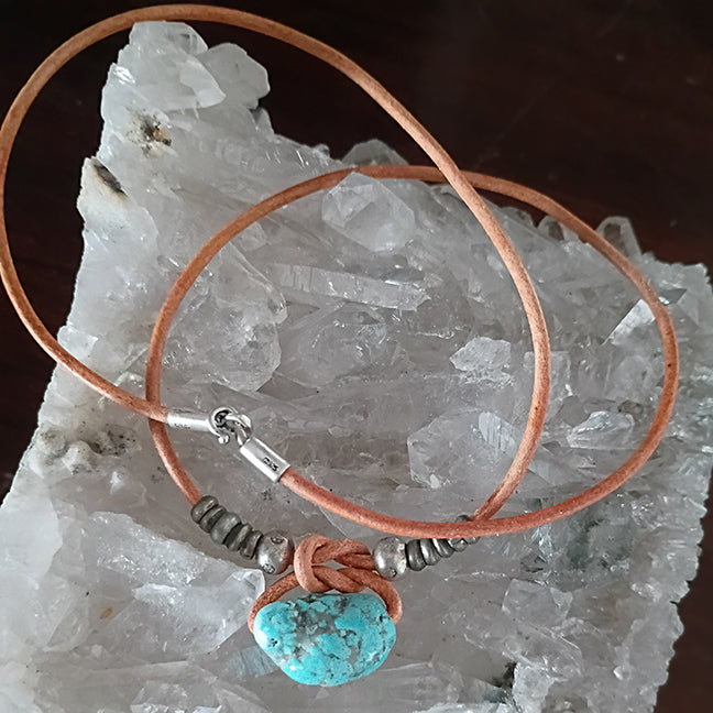Blue Mexican Turquoise Bead Necklace Leather Mens or Womens