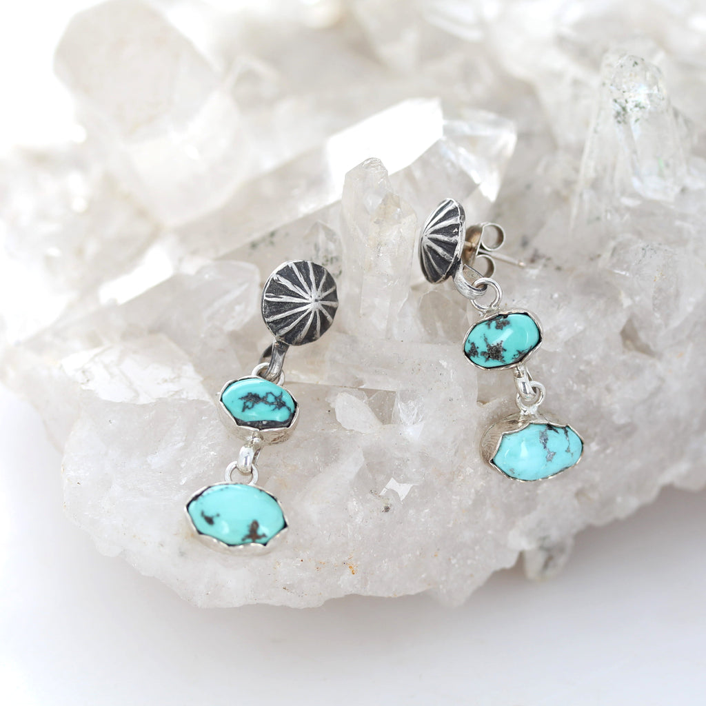 Vintage Godber Mine Turquoise Earrings Sterling Silver 2 Stone