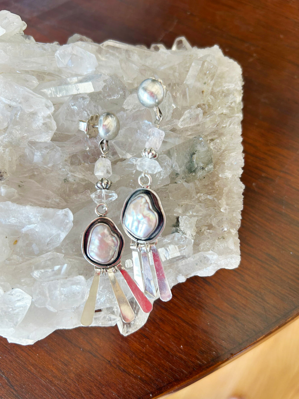 Pearl and Faceted Pink Morganite and Herkimer Diamond Earrings Sterling Dangle Posts
