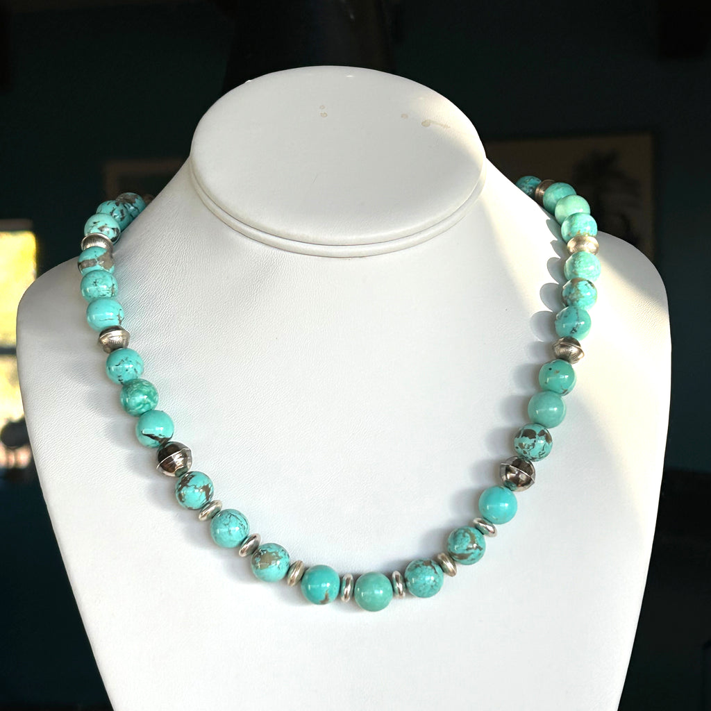 Sonoran TURQUOISE BEADS Necklace with Benchmade Sterling Navajo Pearls