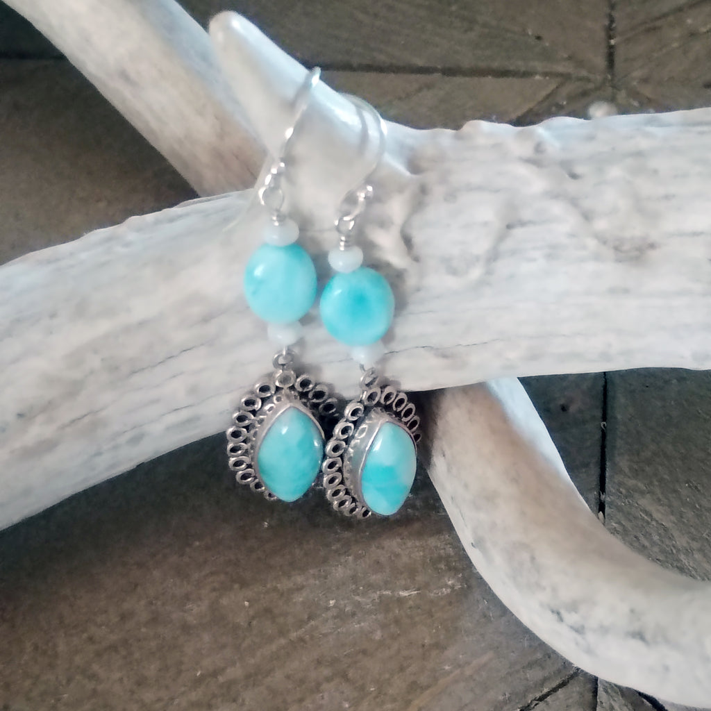 Larimar Earrings Marquis Shape Sterling French Ear Wire with Mother of Pearl