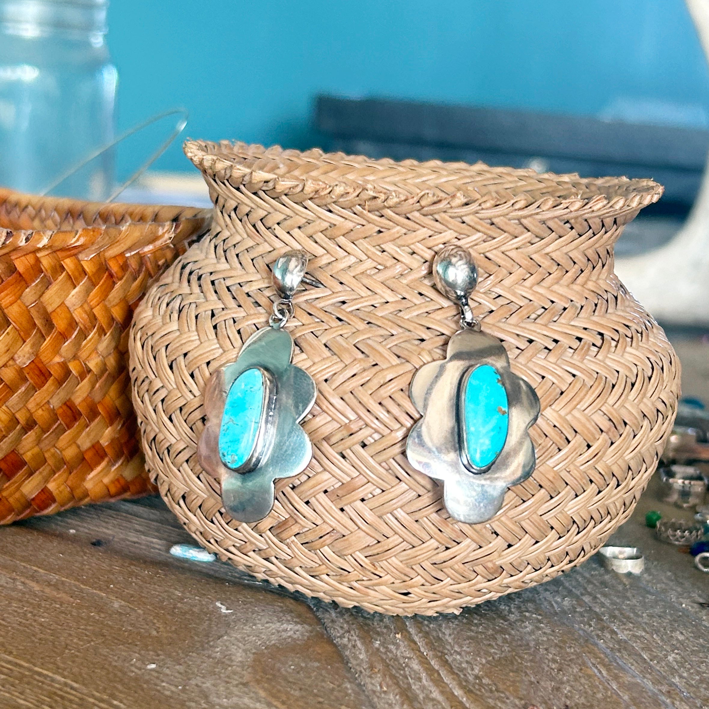 Blue Moon Turquoise Flower Design Earrings Sterling
