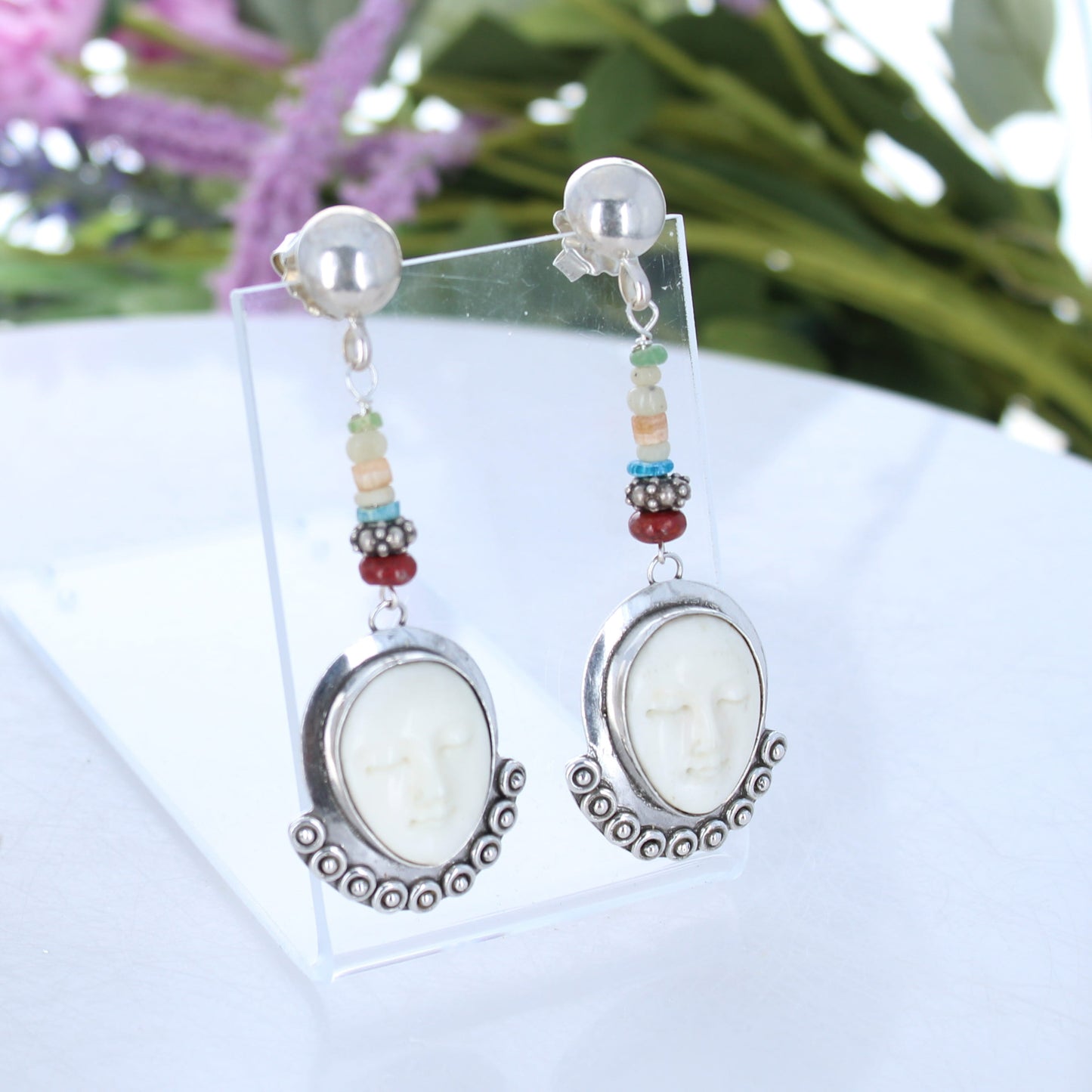 Sterling Silver Moon Face Goddess Earrings Ancient Glass Beads