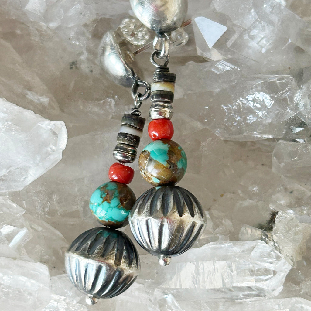 Navajo Hand Made Melon Beads and Carico Lake Turquoise Earrings Sterling