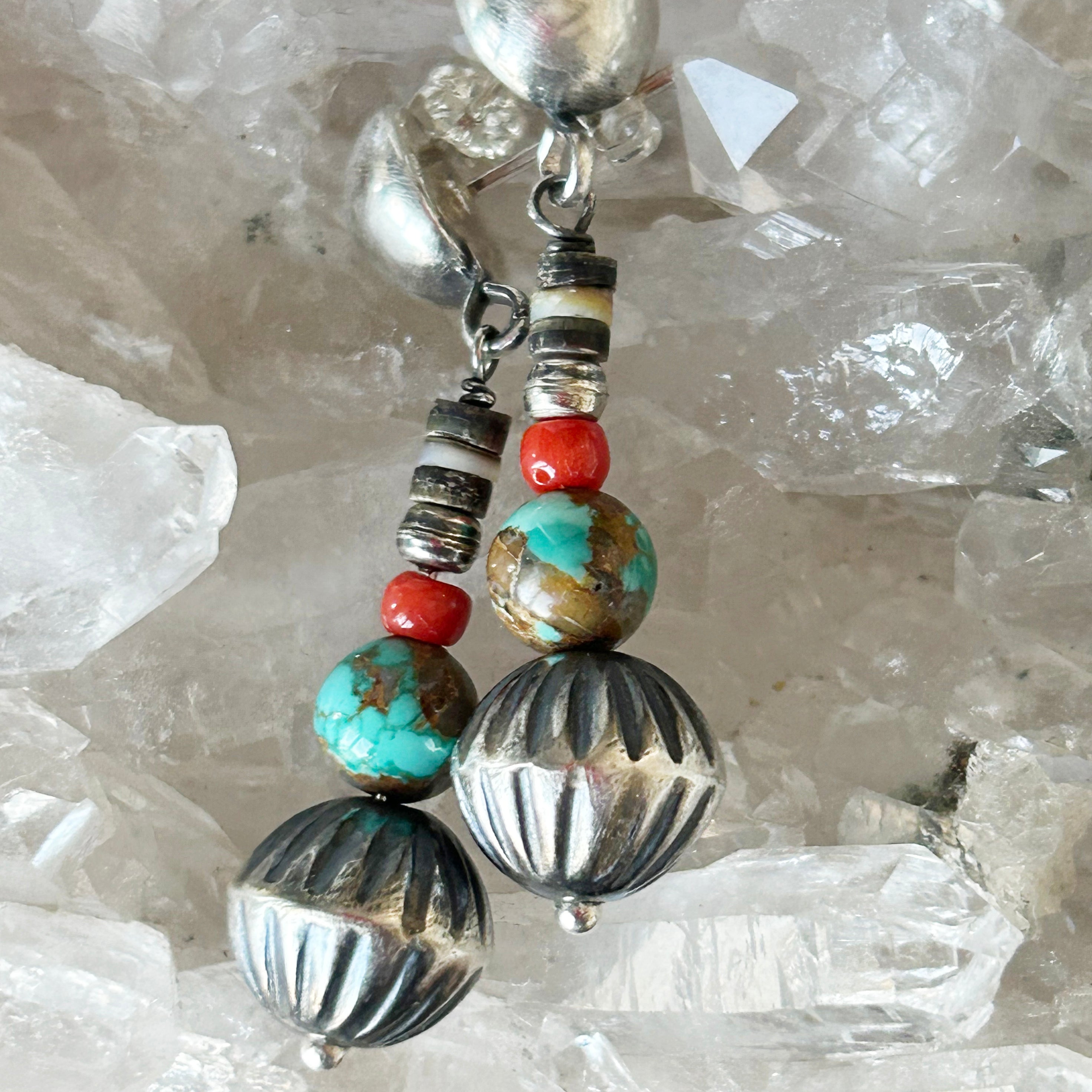 Navajo Hand Made Melon Beads and Carico Lake Turquoise Earrings Sterling