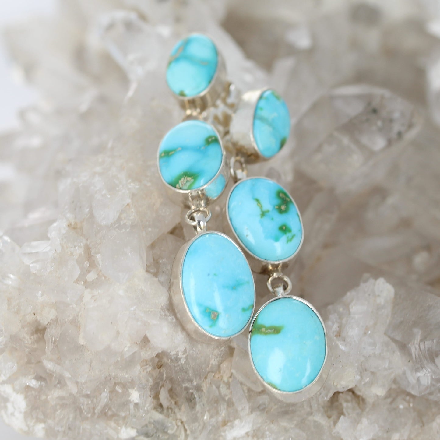 Sonoran Mountain Turquoise Earrings 3 Stone Dangles Sterling Silver