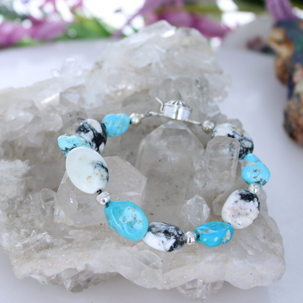 White Buffalo and Kingman Blue Turquoise Beads Bracelet Sterling Silver