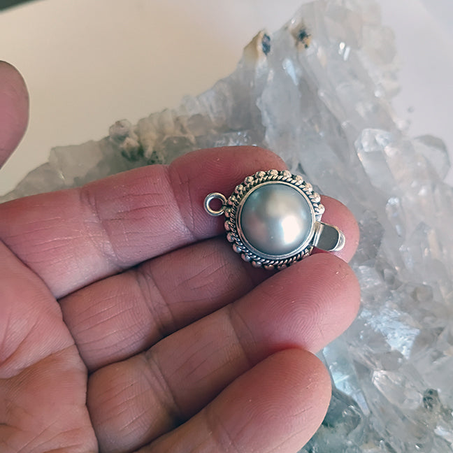 Light Silver Mabe Pearl Clasp Granulated Design 12mm Sterling