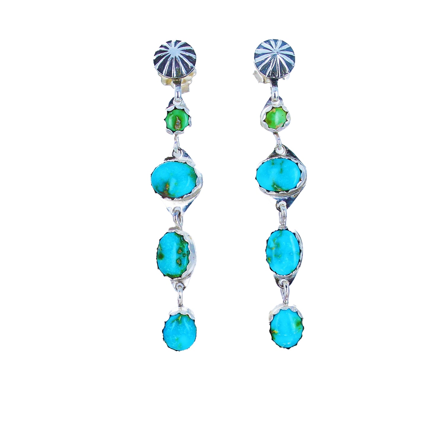 Sonoran Mountain Turquoise Earrings 4 Stone Dangles Sunburst Post