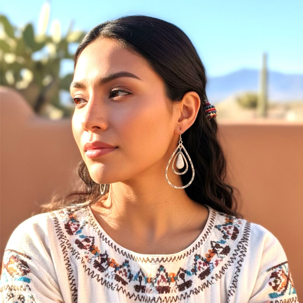 White Buffalo Turquoise Earrings Double Hoops Oxidized