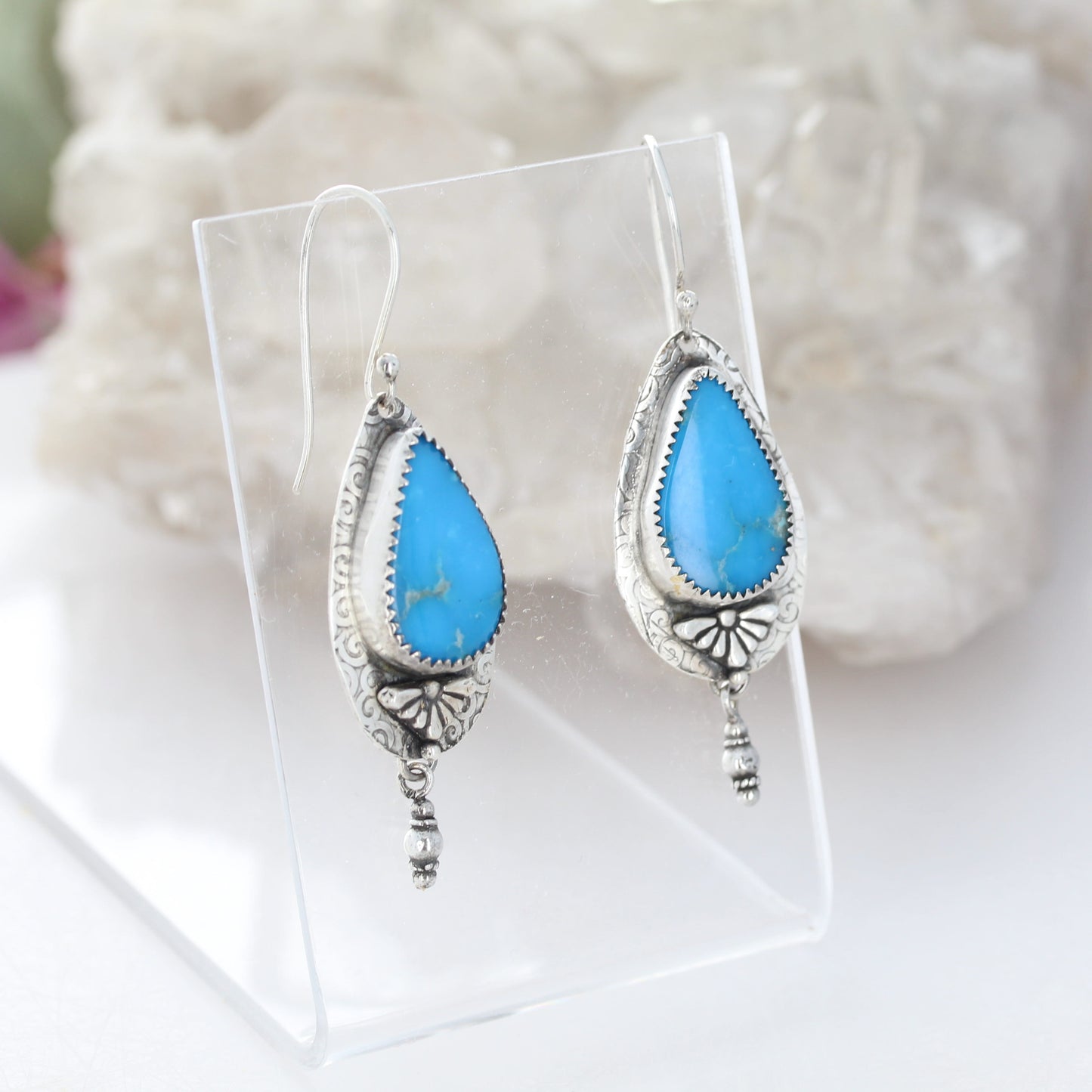 AAA BRILLIANT BLUE Ithaca Turquoise Sterling Earrings Large Teardrops NewWorldGems