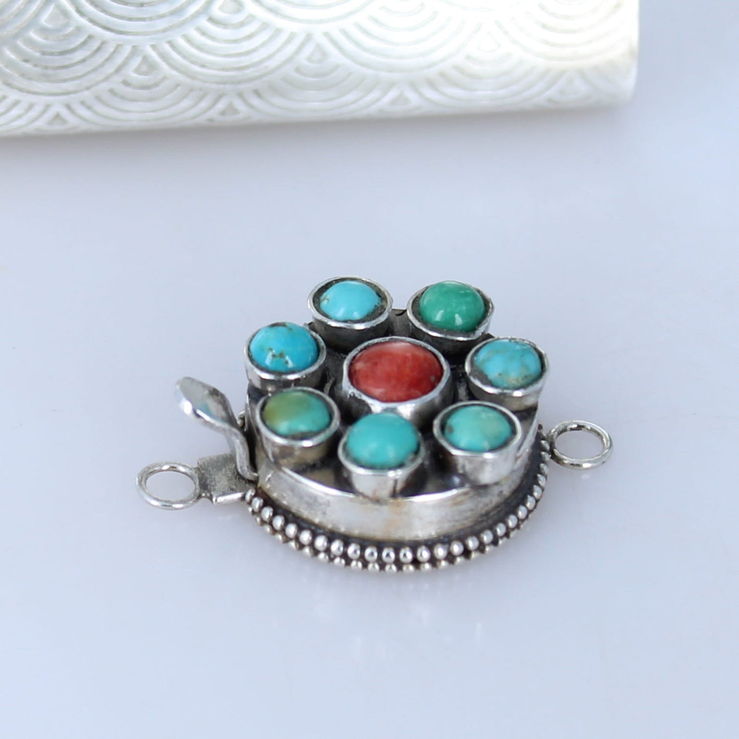 Sonoran Gold Turquoise and Red Spiny Oyster 8 Stone Clasp Sterling Silver
