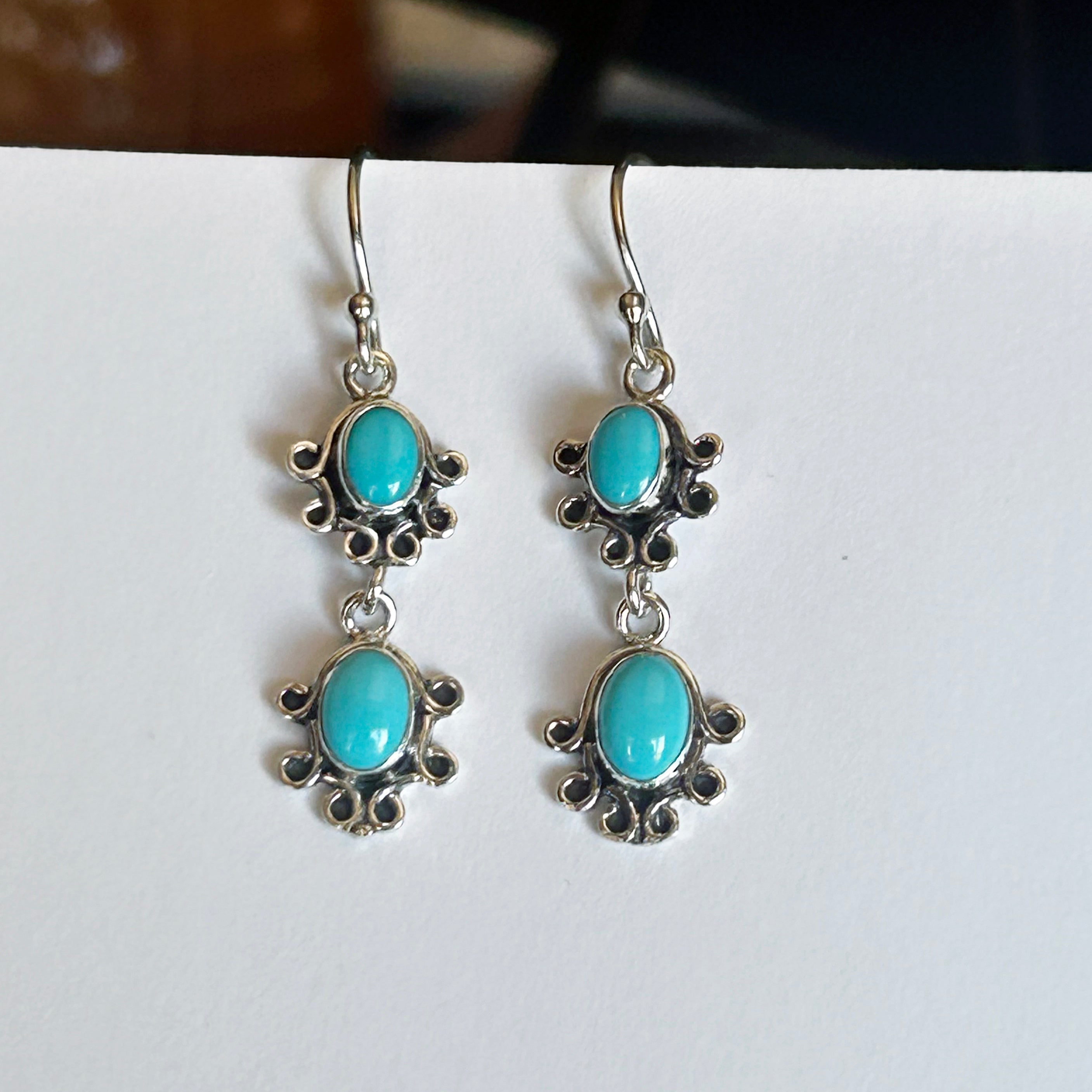 AAA Sleeping Beauty Turquoise Earrings Sterling 2 Stone Wire Design