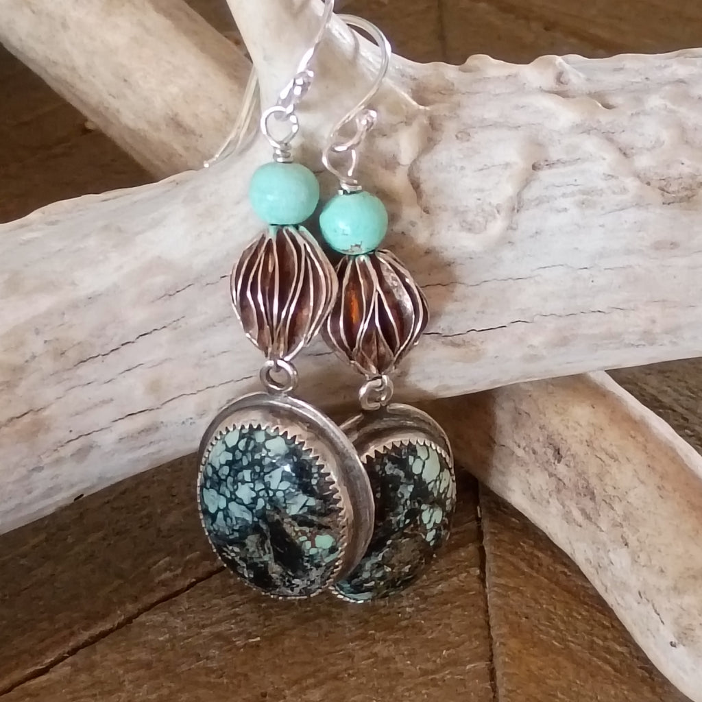 AAA Nevada Black Jack Turquoise Earrings Sterling Dangles Unique