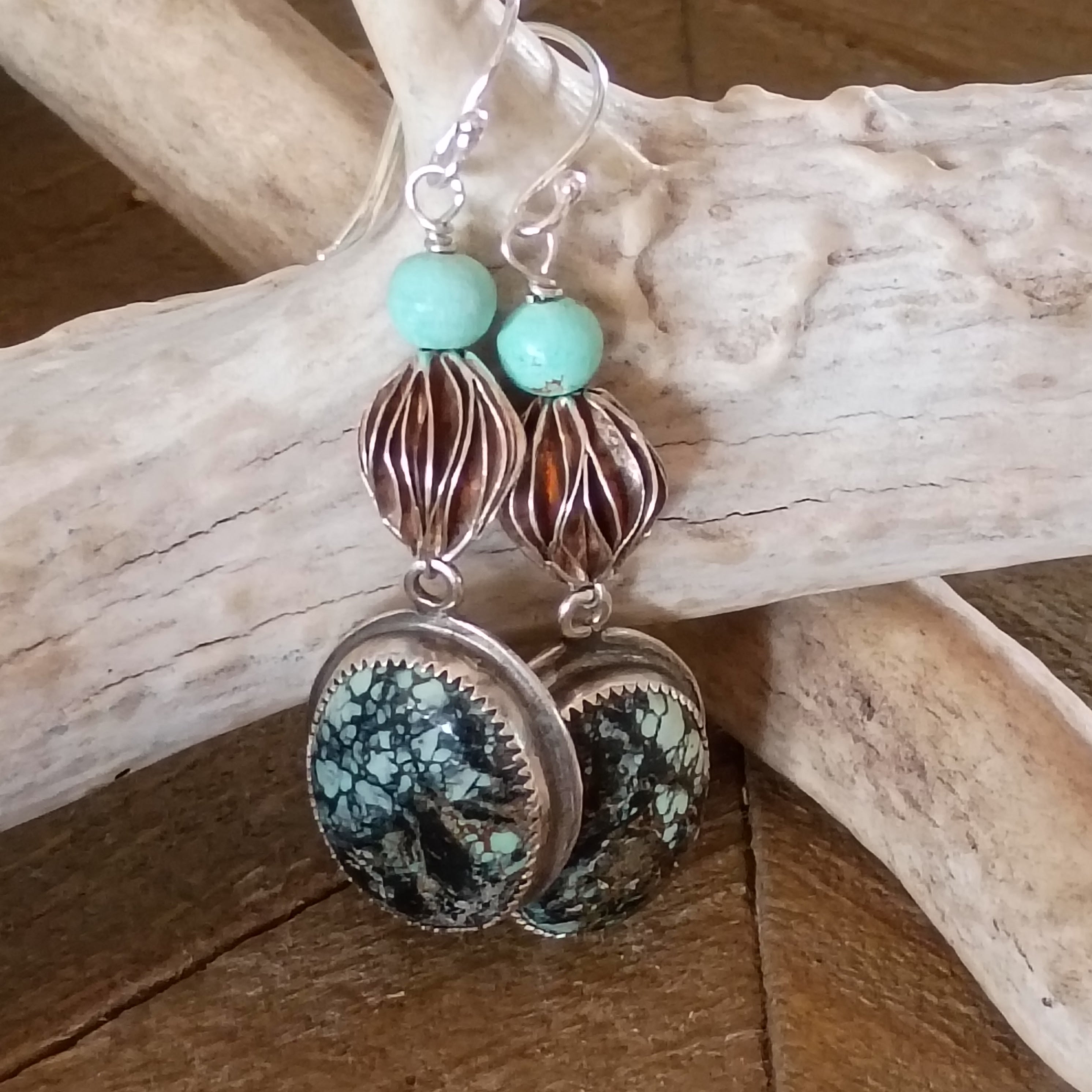 AAA Nevada Black Jack Turquoise Earrings Sterling Dangles Unique