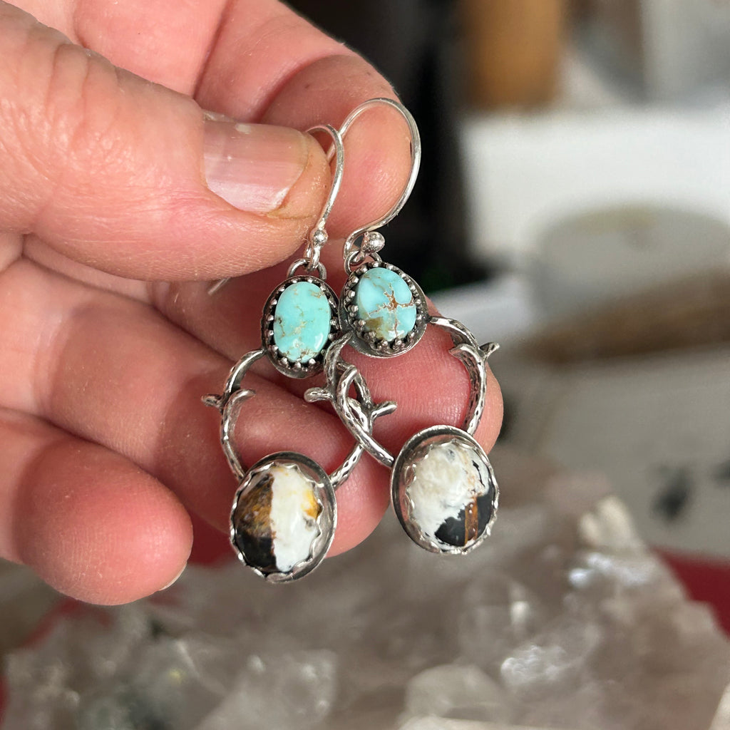 White Buffalo and Dry Creek Turquoise Earrings Sterling Silver Deer with Antlers