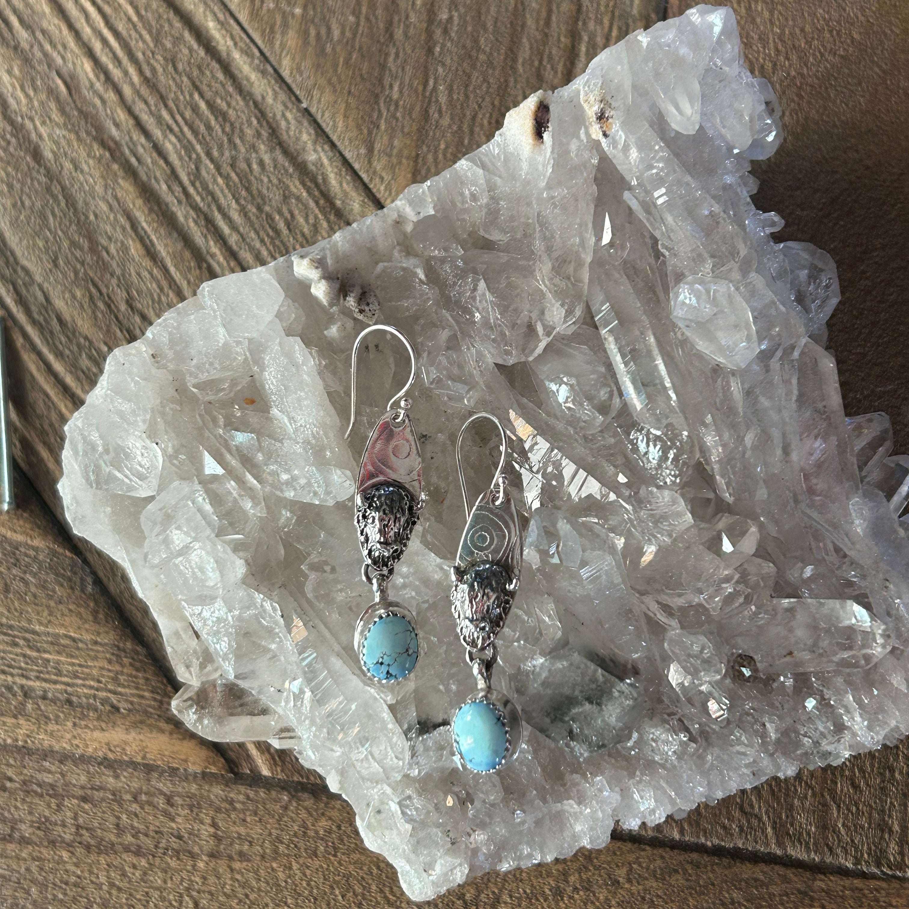 Golden Hills KAZAKHSTAN TURQUOISE Buffalo Head Earrings Sterling