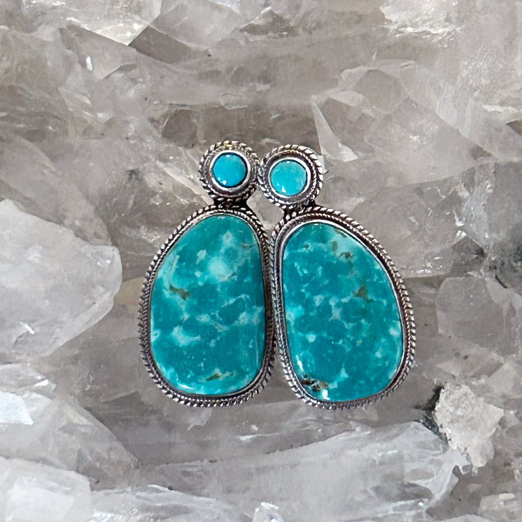 Teal Blue Fox Turquoise 2 Stone Earrings Sterling Silver Posts