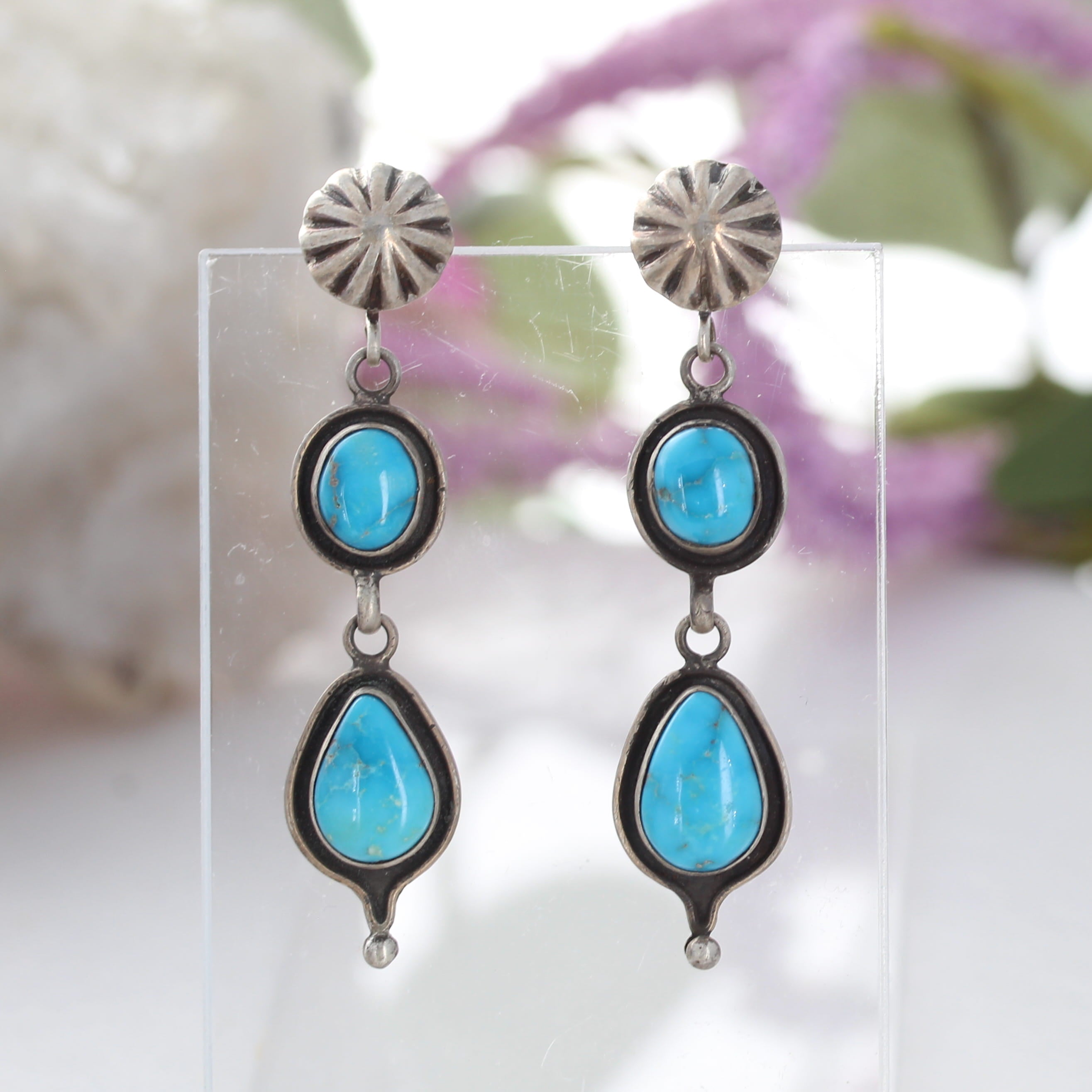Blue Ridge Orvil Jack Turquoise Earrings 2 Stone Sunburst Post