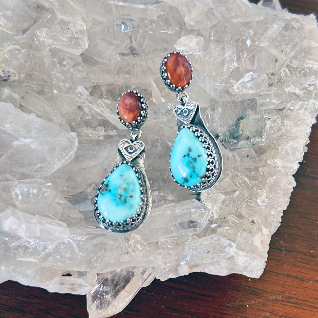 AAA DRY CREEK Turquoise and Spiny Oyster Earrings Sterling Boho Southwest