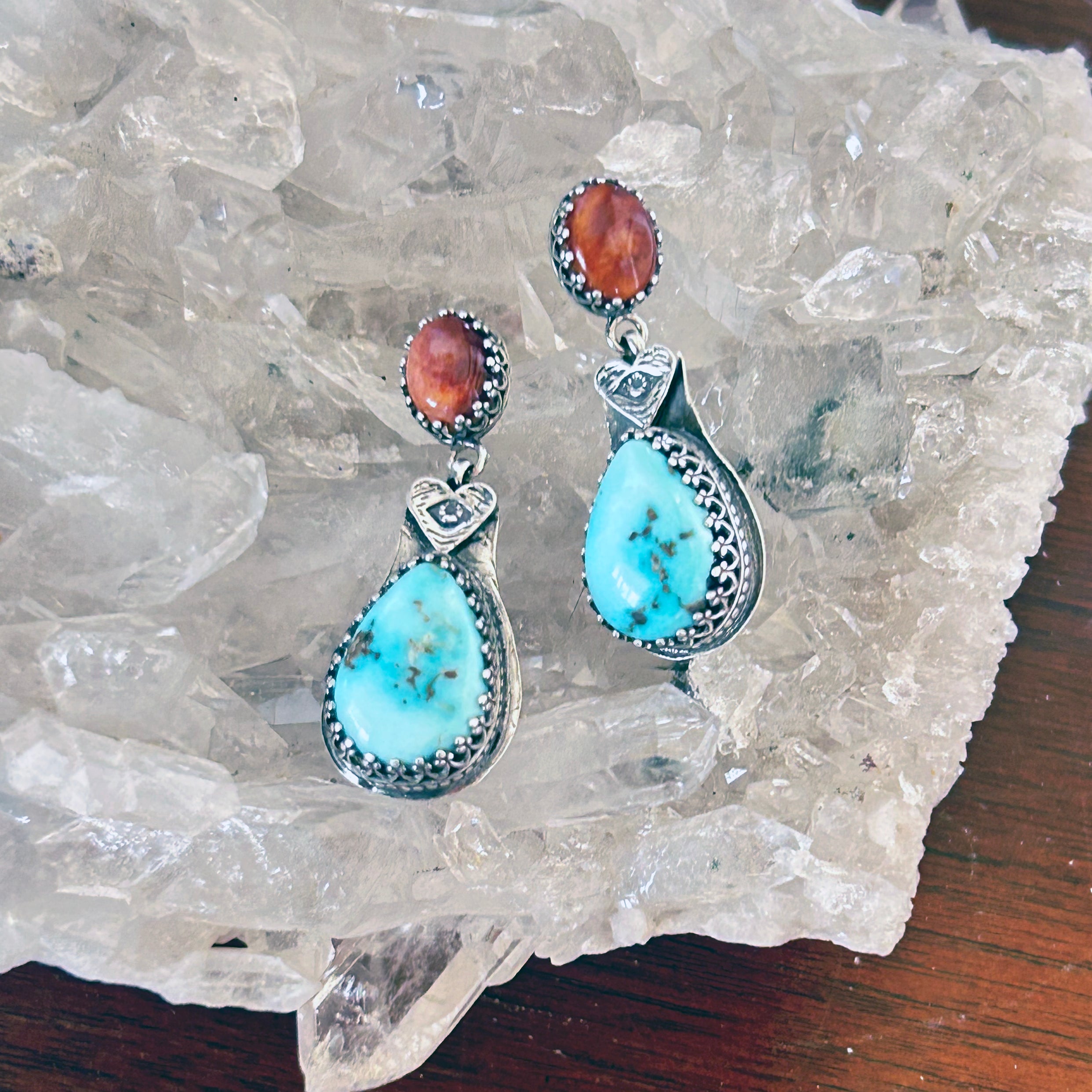 AAA DRY CREEK Turquoise and Spiny Oyster Earrings Sterling Boho Southwest