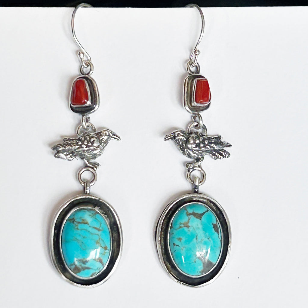 Blue Royston Ribbon Turquoise Raven Earrings Southwestern Sterling Silver 3"