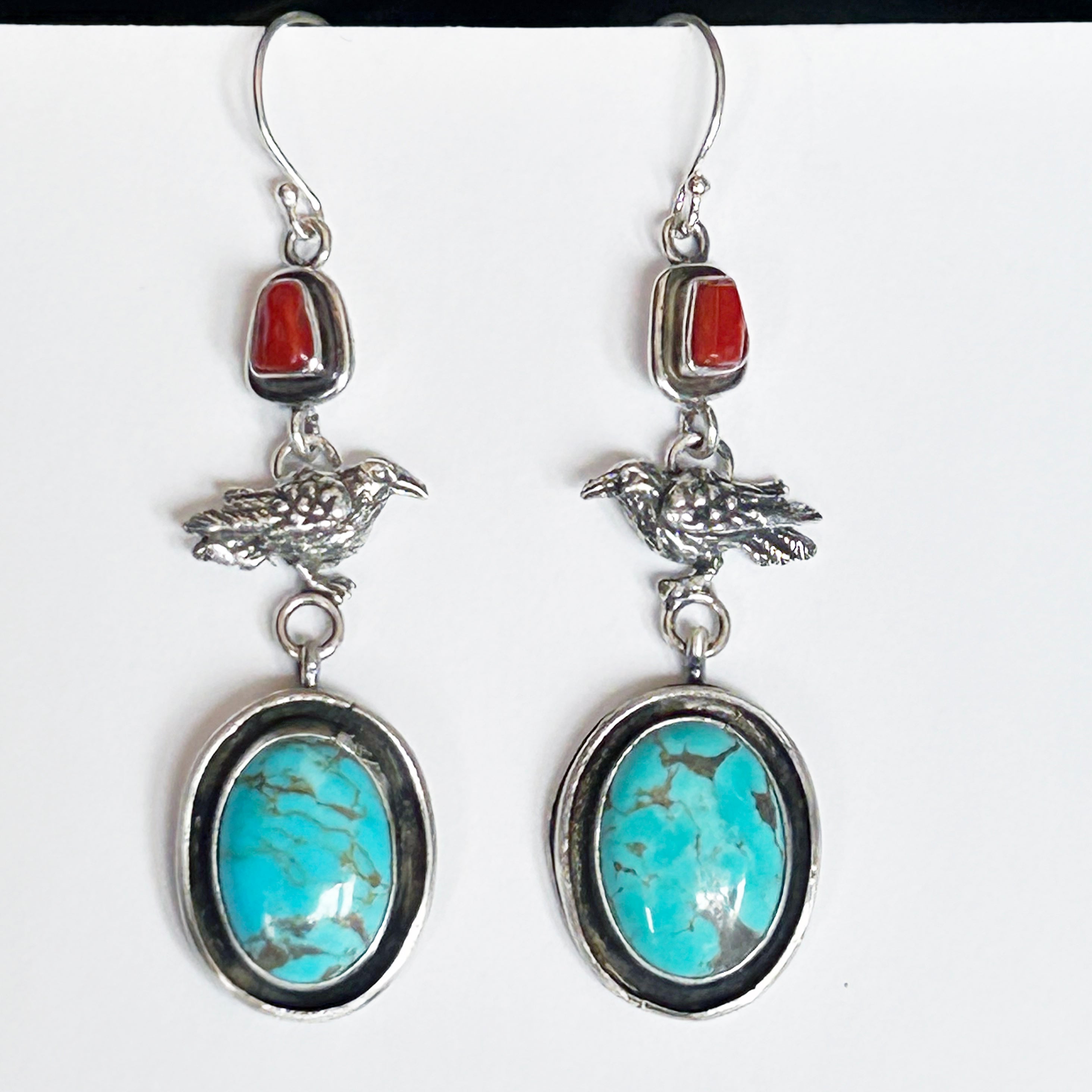 Blue Royston Ribbon Turquoise Raven Earrings Southwestern Sterling Silver 3"