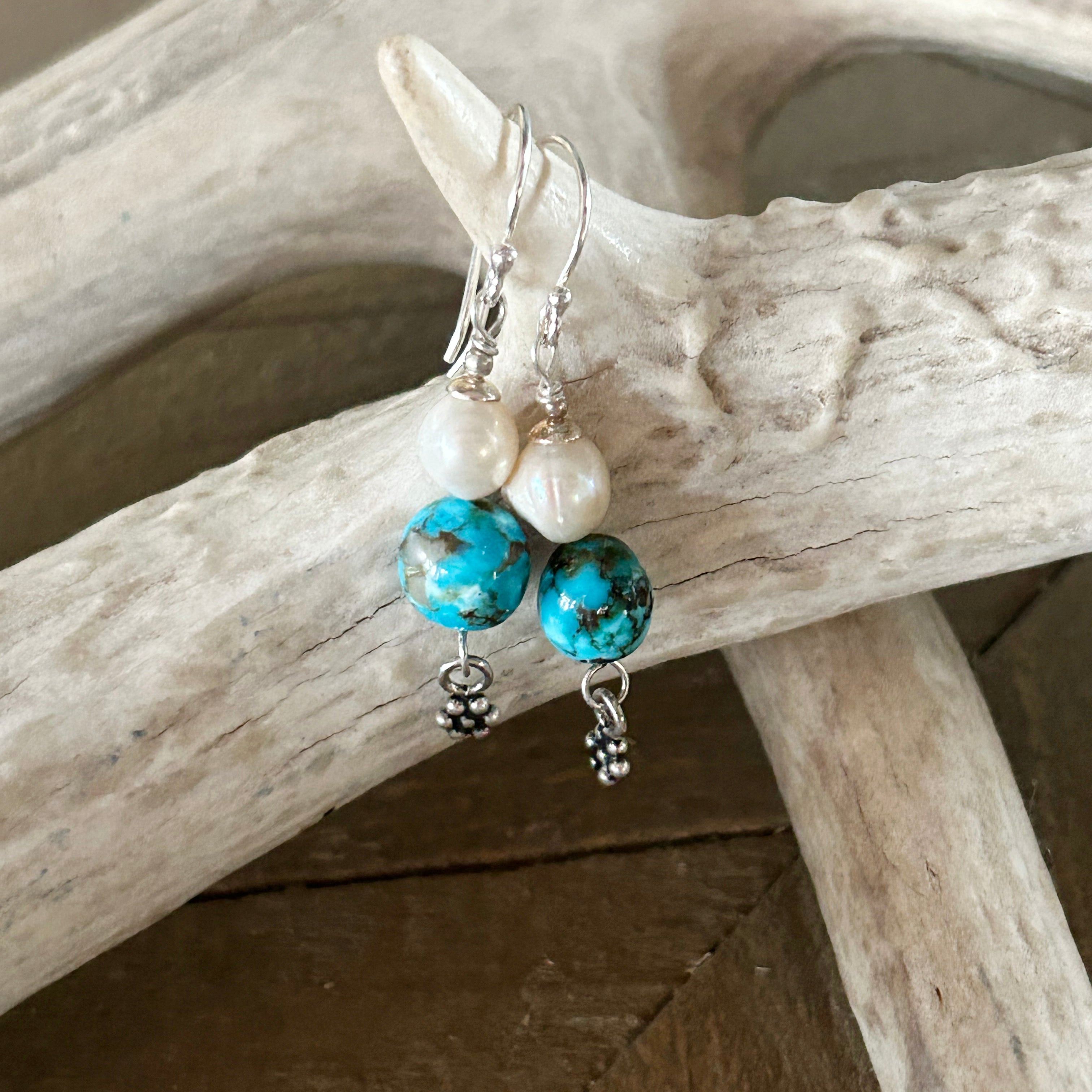 AAA Kingman Turquoise and White Pearl Earrings Ovals Sterling Silver