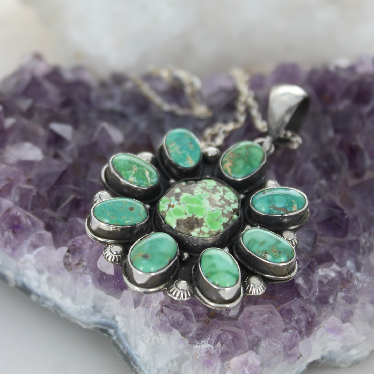 Emerald Turquoise Pendant Sterling with Carico Lake Turquoise Faustite -NewWorldGems