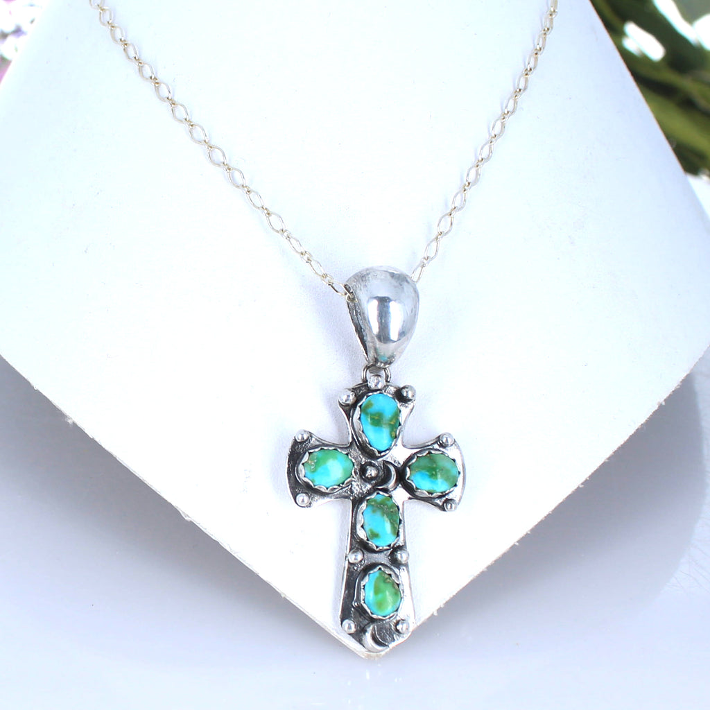 Sonoran Mountain Blue Green Turquoise Cross Pendant Sterling Silver Moons