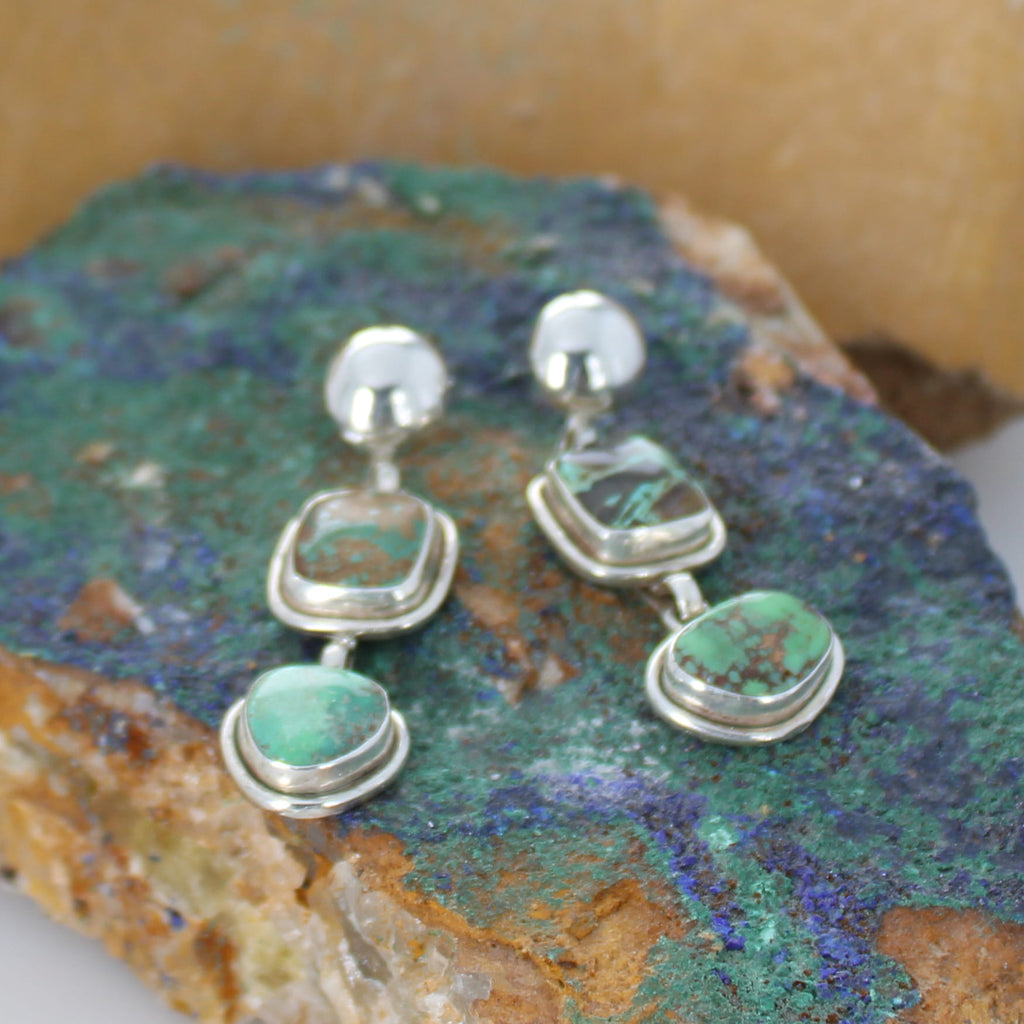 Carico Lake Turquoise Earrings 2 Stone Shades of Greens Sterling