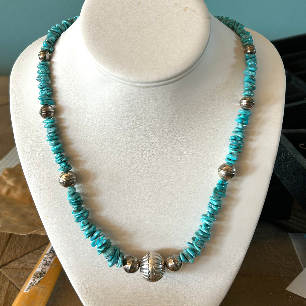Sterling Silver Navajo Pearl Blue Ithaca Turquoise Beads Kingman Necklace