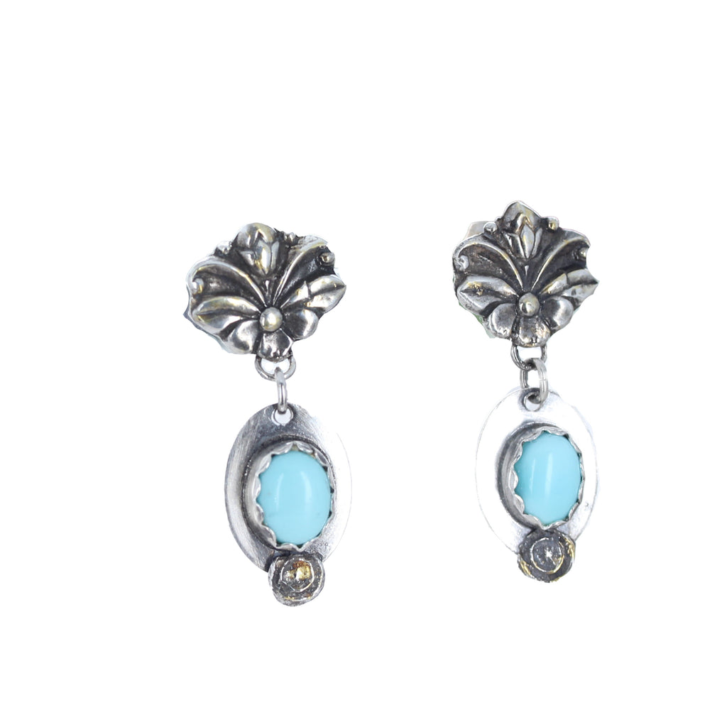 Lone Mountain Turquoise Sterling and Gilded 18K Gold Earrings Florals v