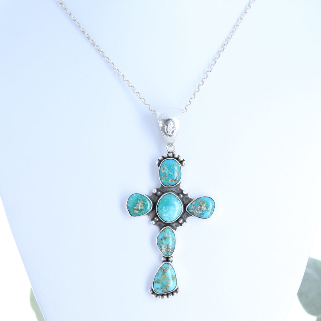 Vintage Sierra Nevada Turquoise Cross Pendant Sterling Silver Santa Fe Style