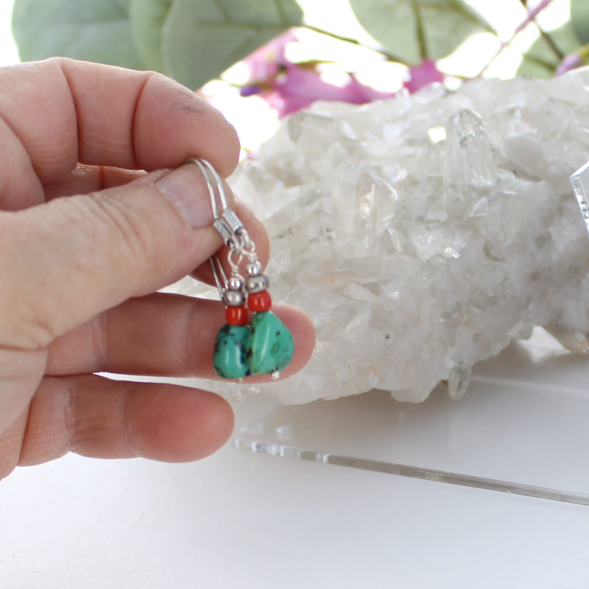 ANTIQUE TIBETAN TURQUOISE and Coral Beads Earrings Sterling NewWorldGems