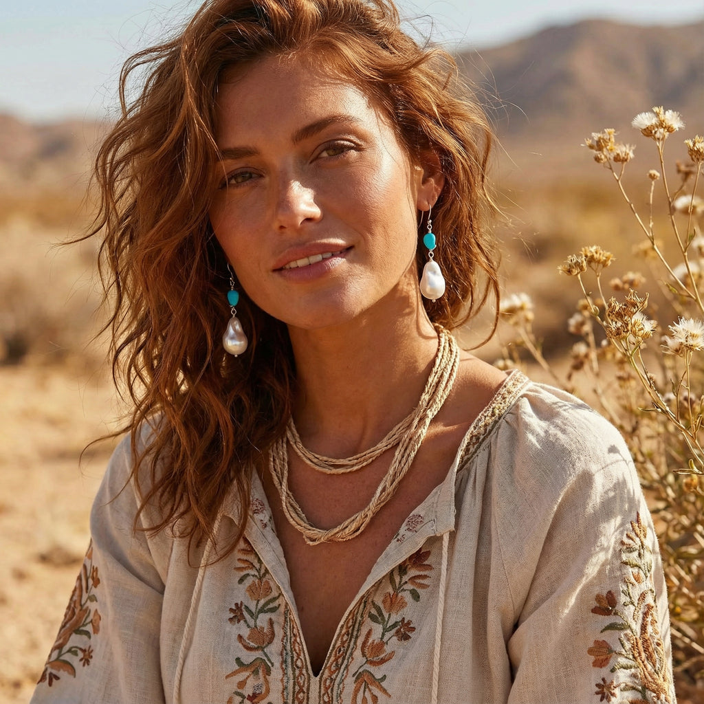 Sleeping Beauty Turquoise and Large Pearl Earrings Sterling Silver 2"