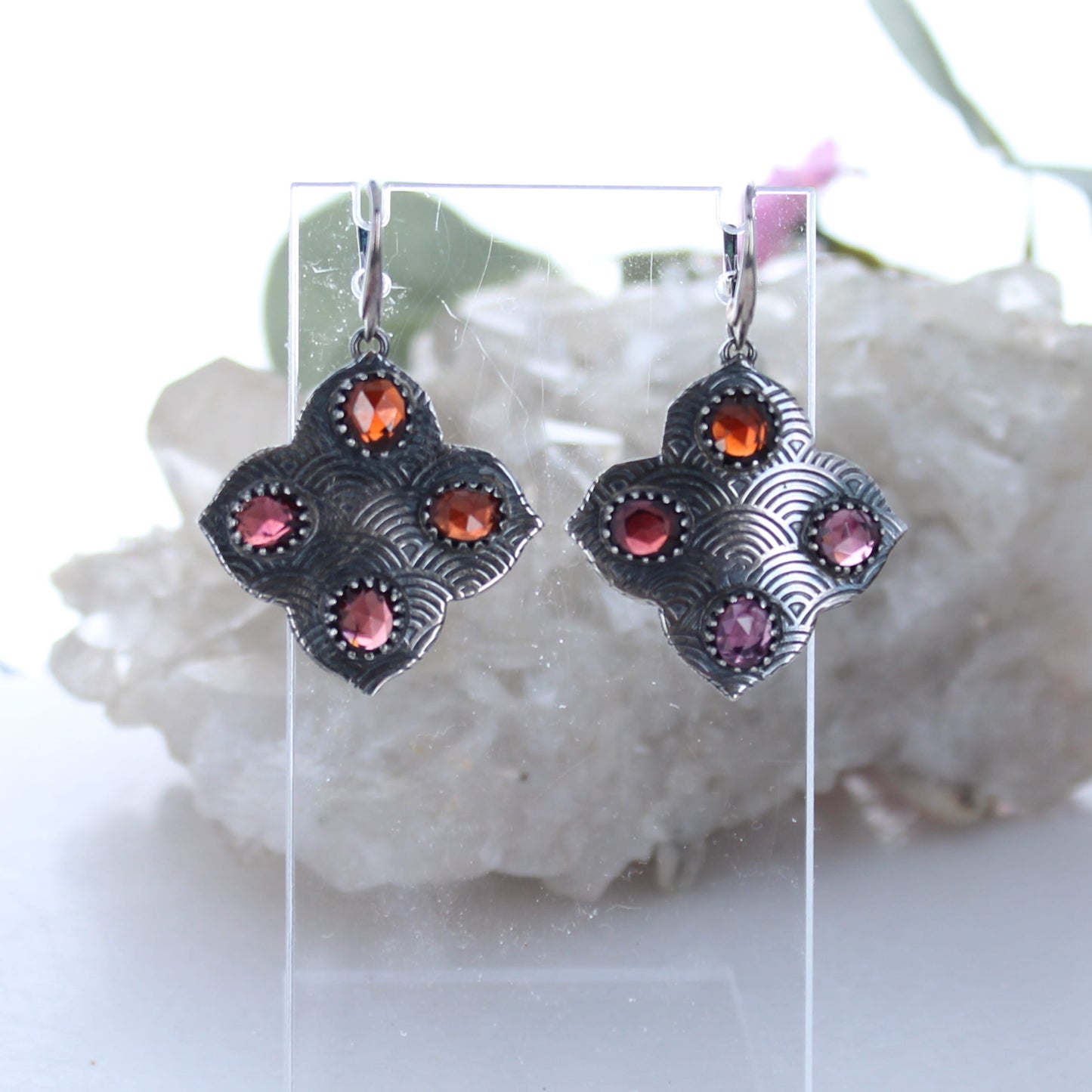 Sterling Silver and Garnet Stained Glass Renaissance Earrings