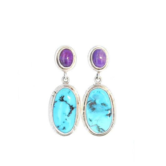 Kingman And Sugilite Earrings Sterling Silver Large Oval -NewWorldGems