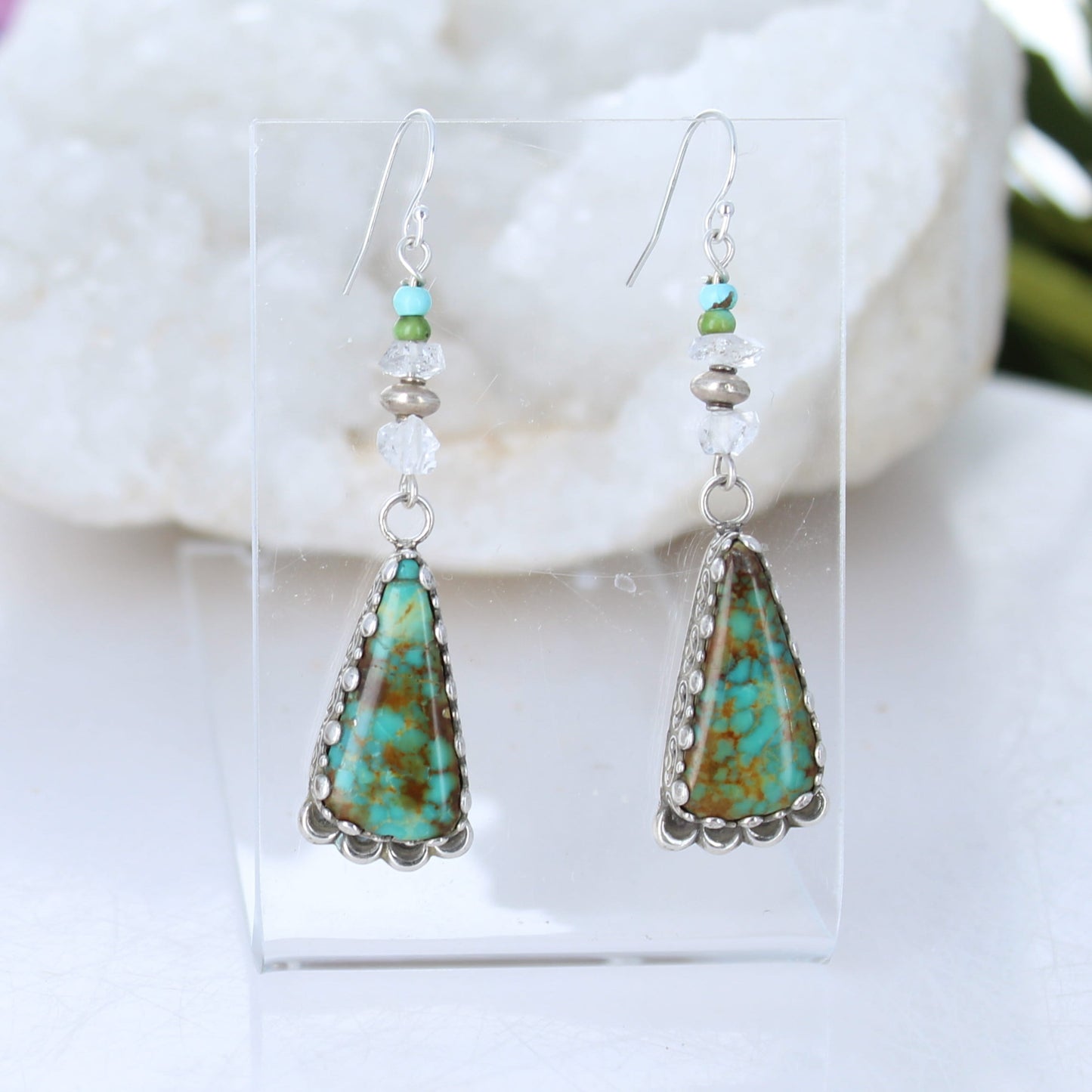 Forest Royston Turquoise Earrings Moons with Sparkling Herkimer Diamonds Sterling