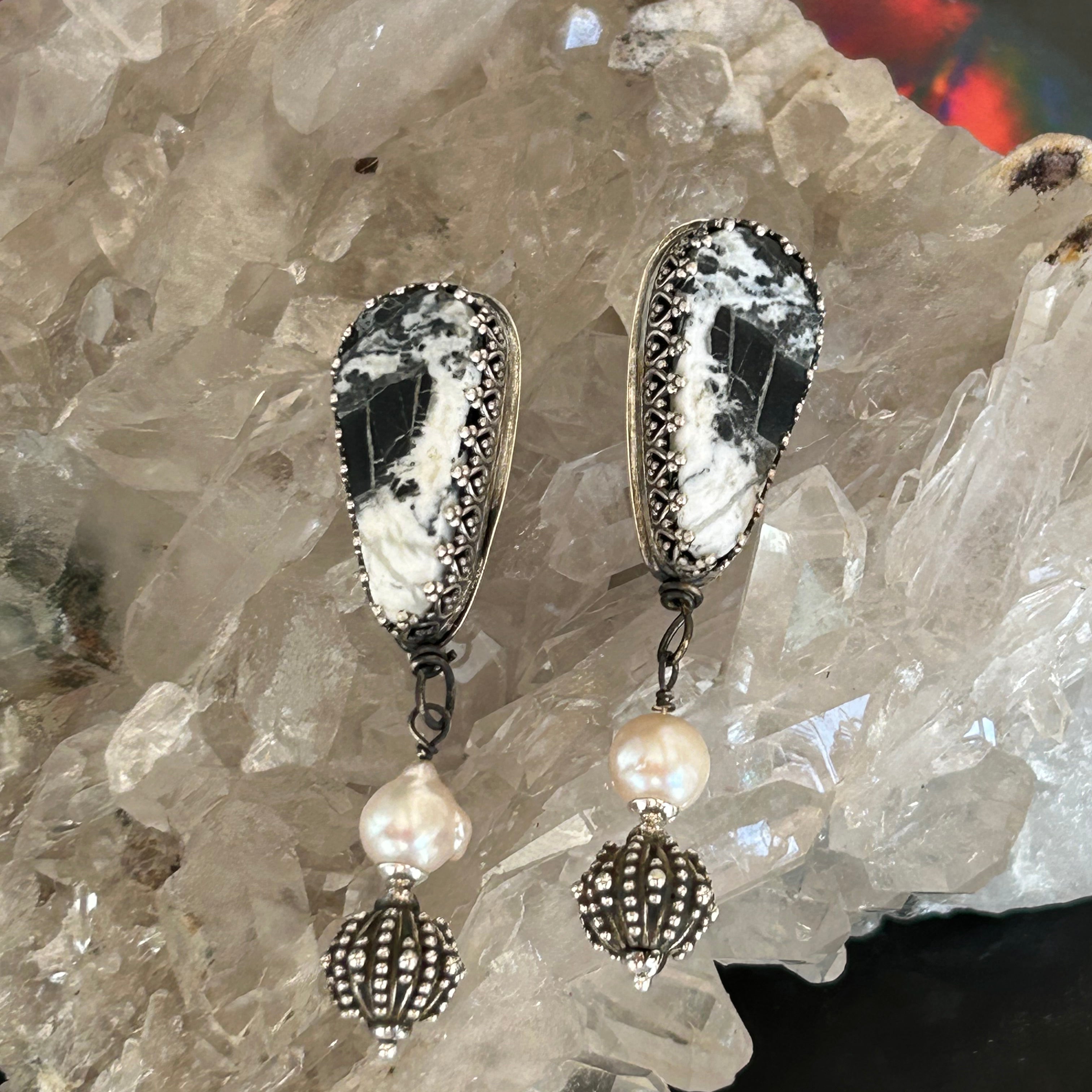 AAA WHITE BUFFALO Turquoise and Pearl Earrings Sterling