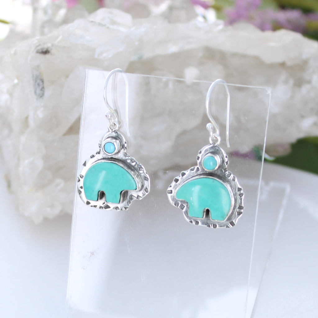 Carved Zuni Bear Kingman Turquoise Earrings Sterling Southwest