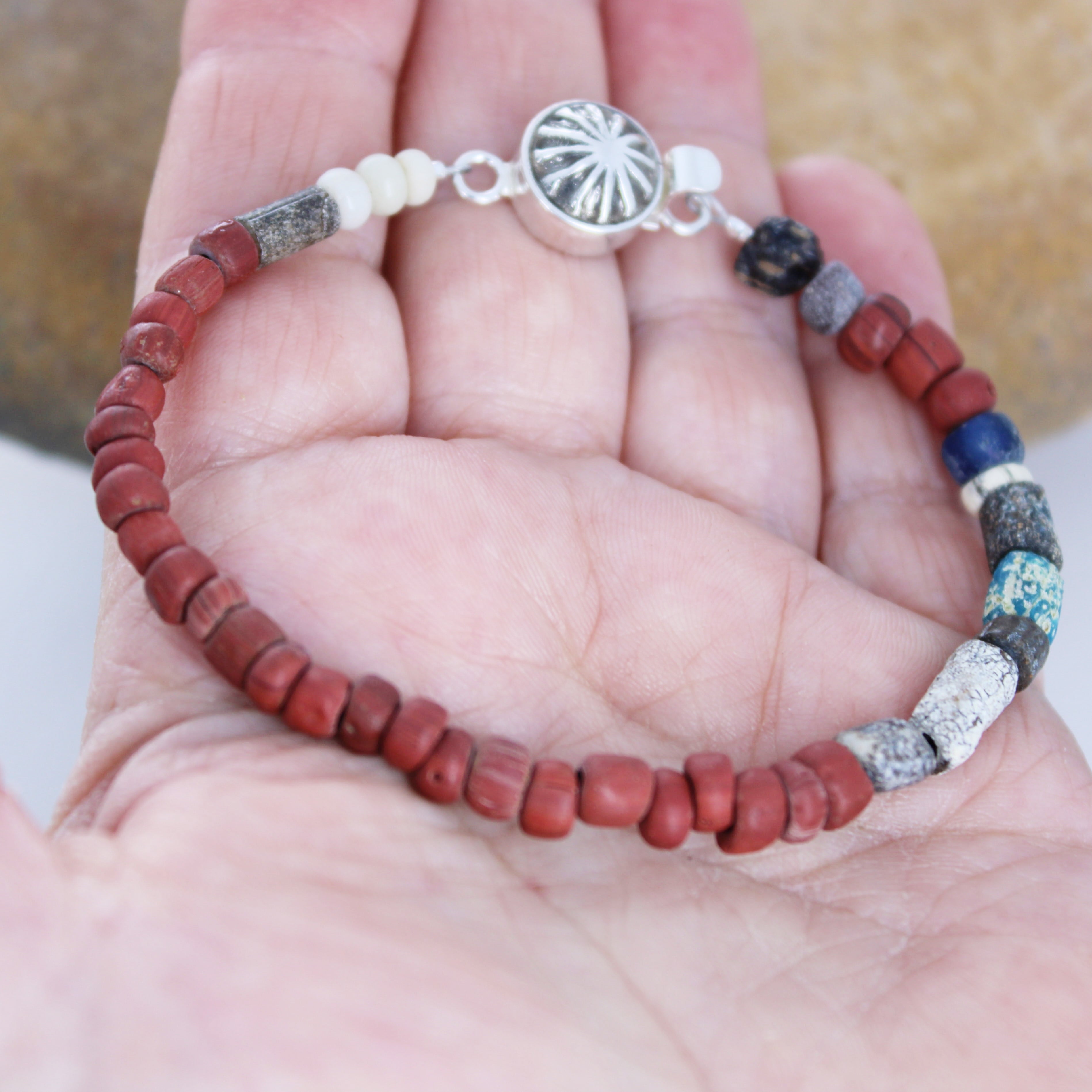 Antique Red Brown Roman Glass and Turquoise Bracelet Men or Woman