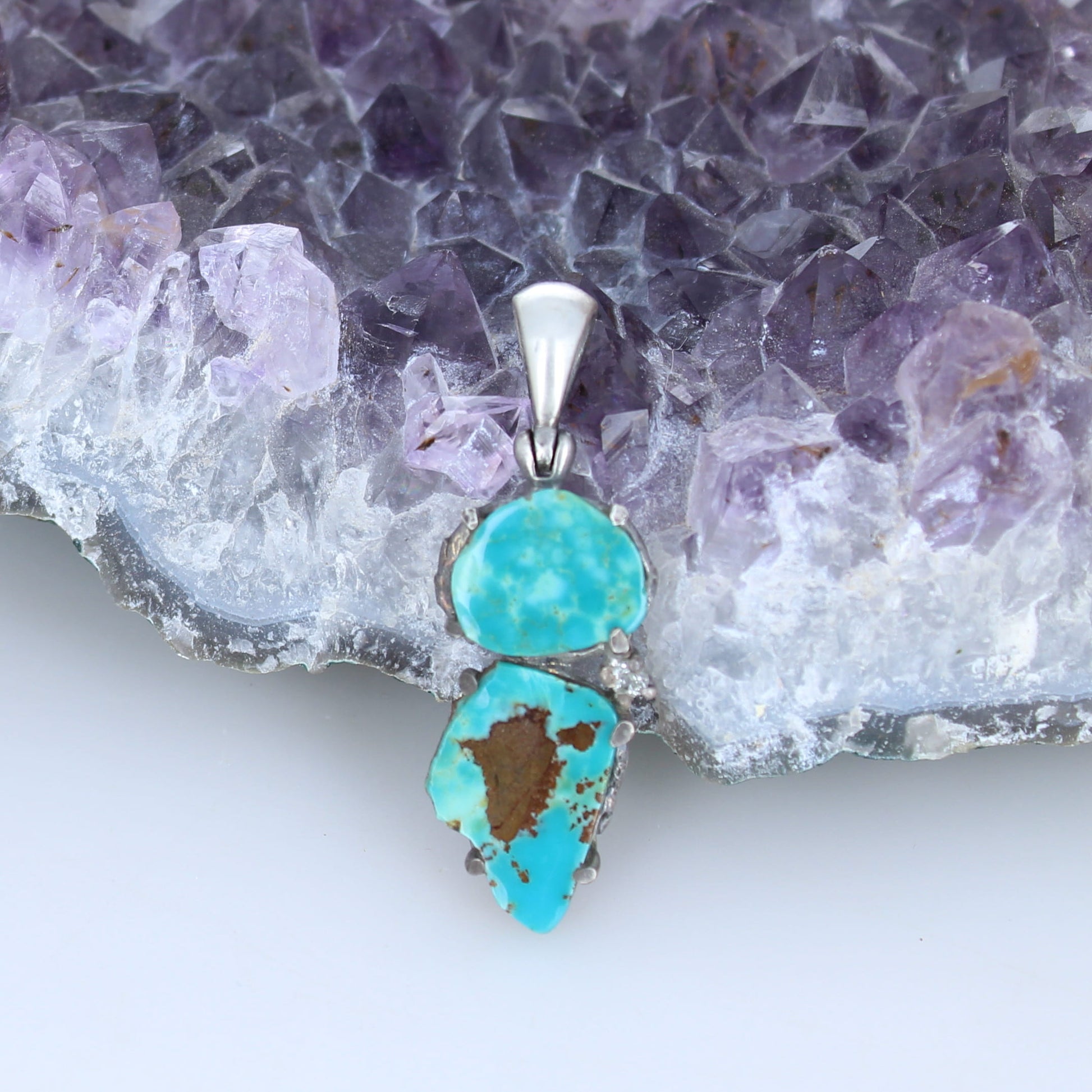 Vibrant 2 Stone Mexican Turquoise Pendant Sterling -NewWorldGems