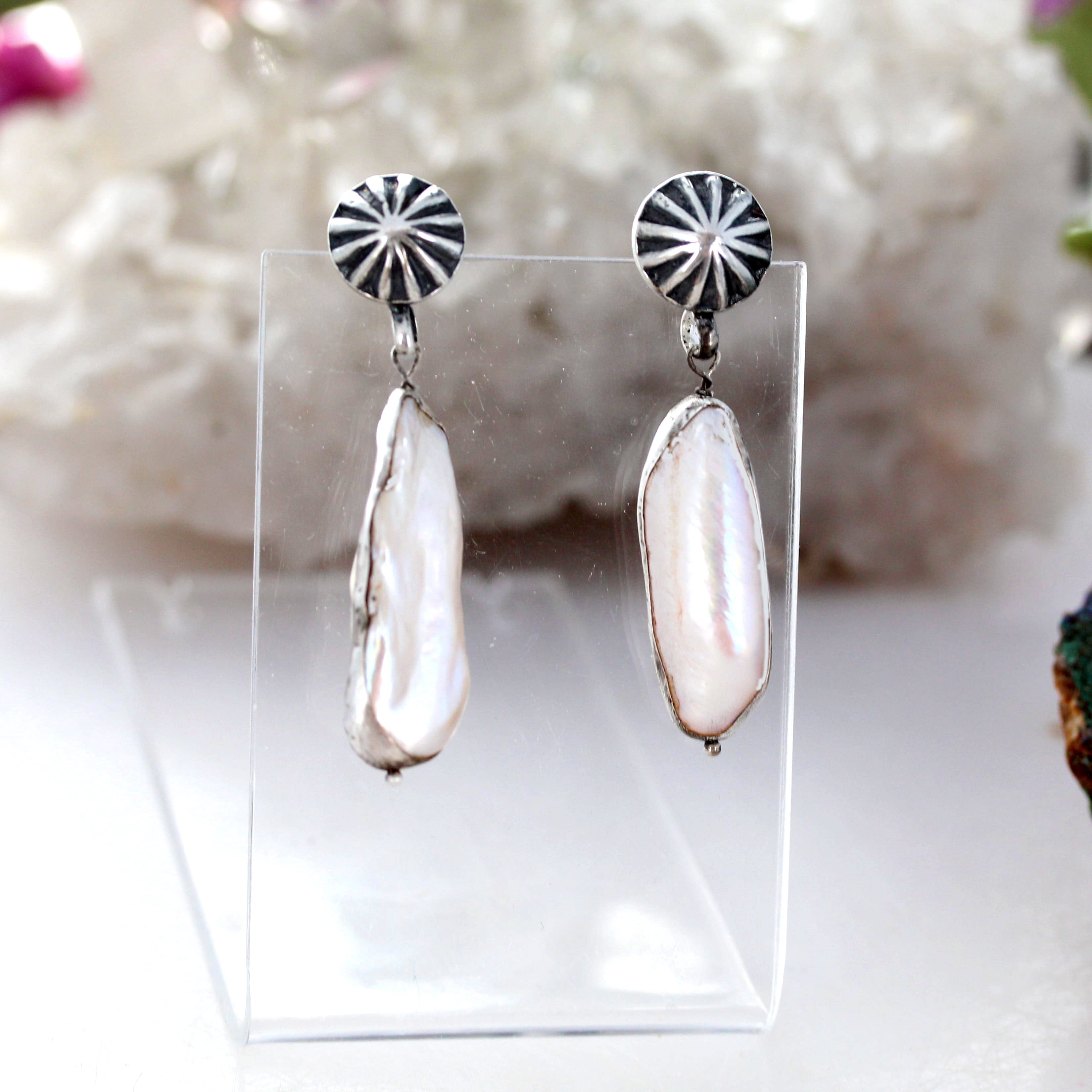 Long Biwa Pearl Earrings Sunburst Posts Southwestern Elegance