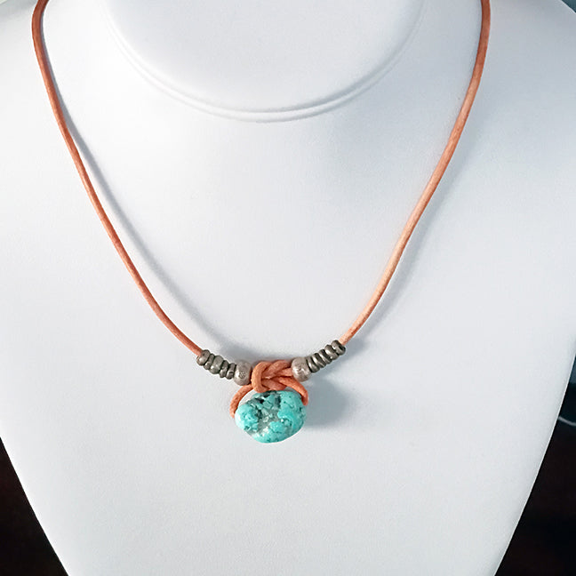 Blue Mexican Turquoise Bead Necklace Leather Mens or Womens