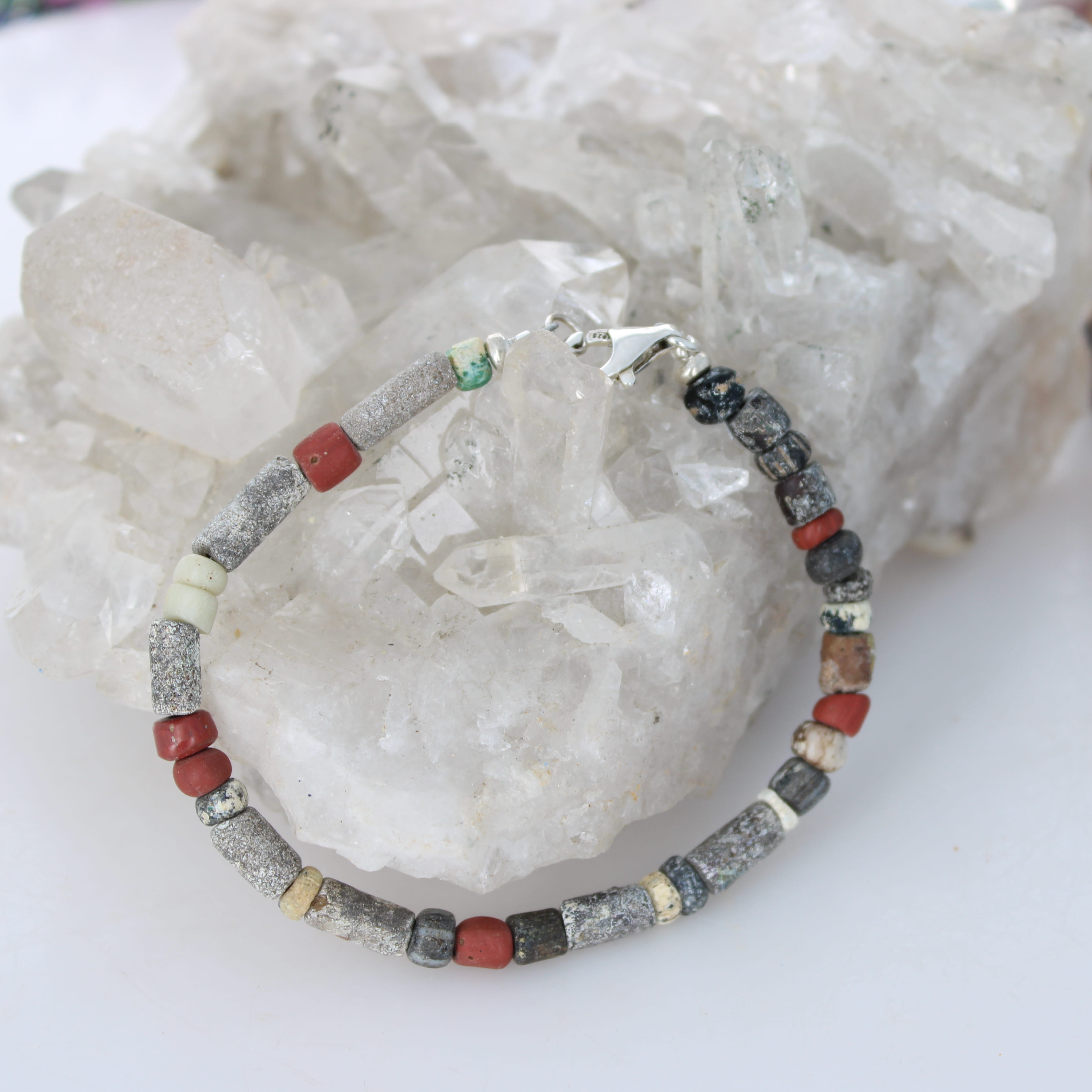 Antique Red Brown Roman Glass and Turquoise Bracelet Men or Woman