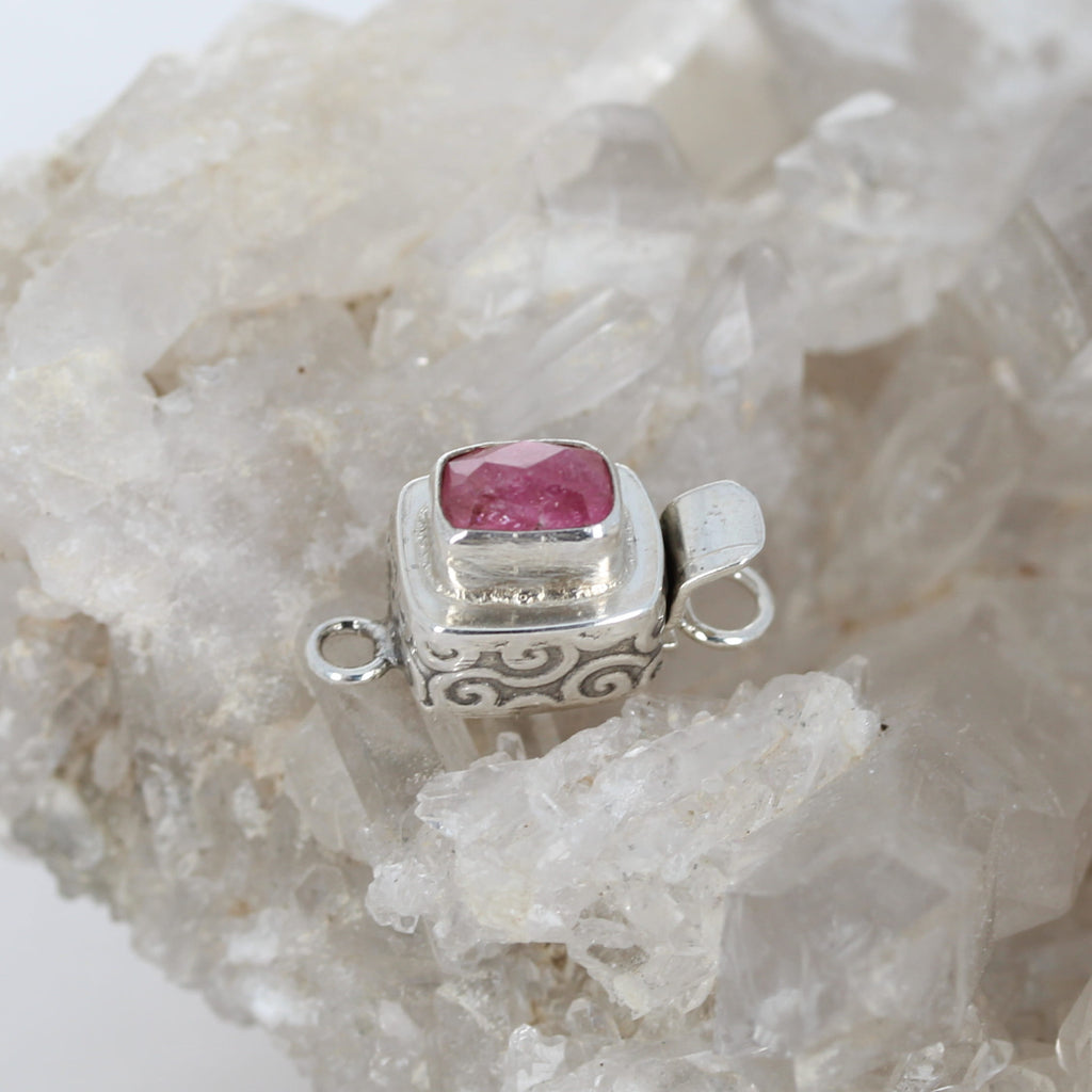 AAA Hot Pink Tourmaline Faceted Sterling Clasp Patterned Cushion