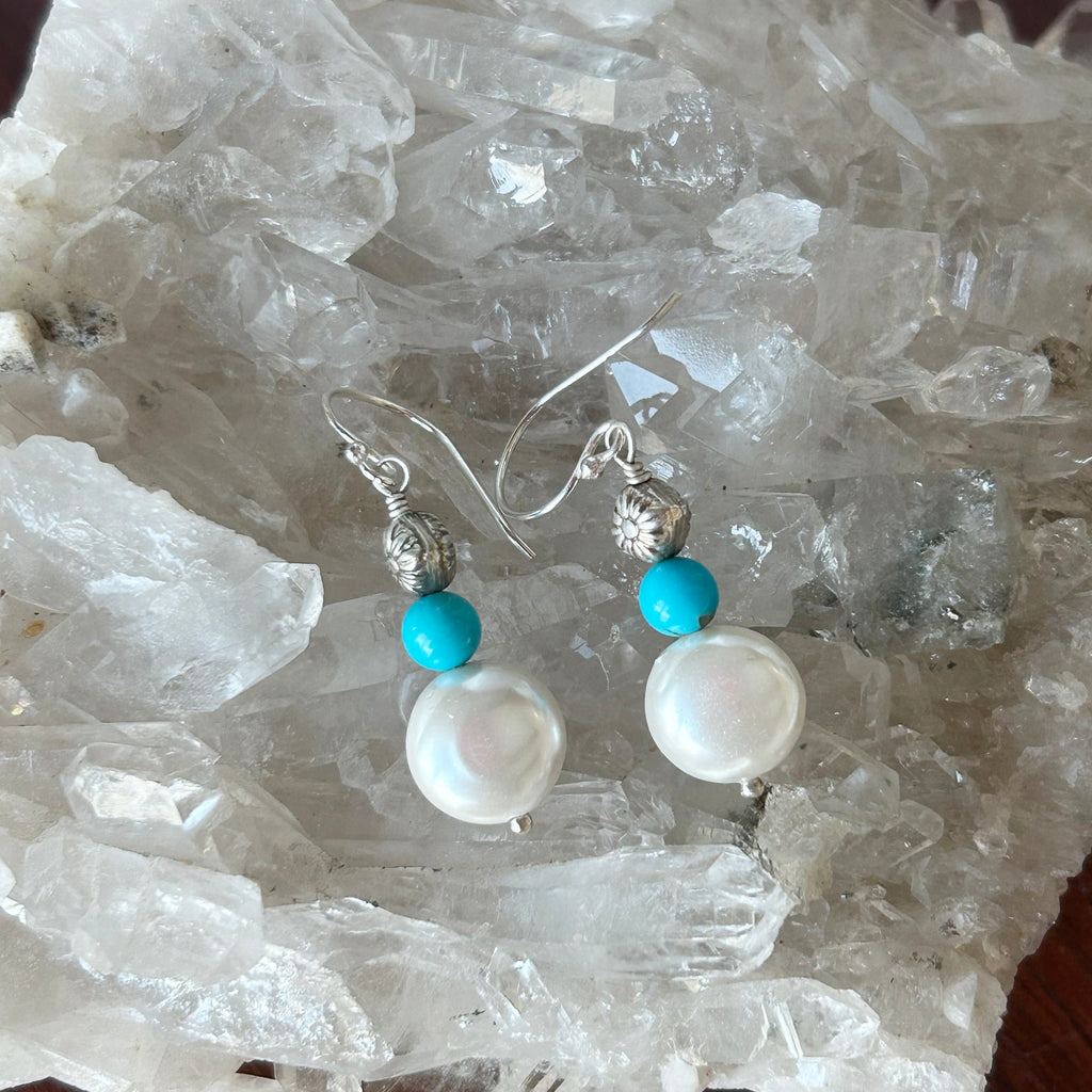 Sleeping Beauty Turquoise and Cream Coin Pearl Earrings Sterling Silver